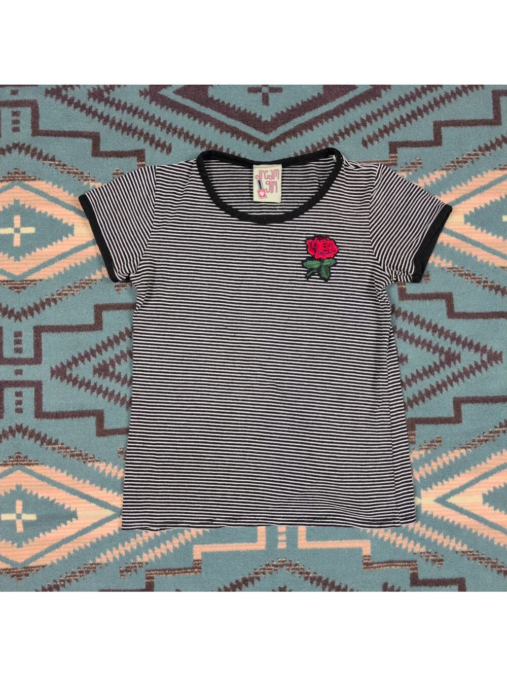 Y2K Vintage Striped Babydoll Tee Top Made In USA Embroidered Rose Size 10/12 XS